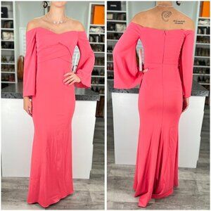 Badgley Mischka Off Shoulder Pink Flare Sleeve Evening Gown $695
